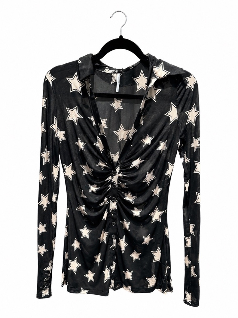 Free People Black Star Ruched Button-Front Blouse